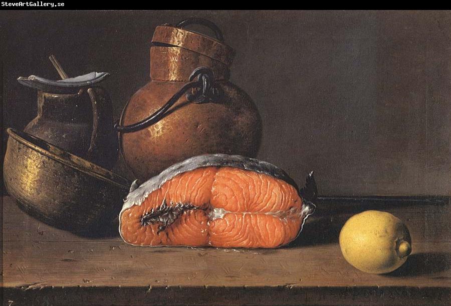 Luis Melendez Still Life with Salmon, a Lemon and Three Vessels